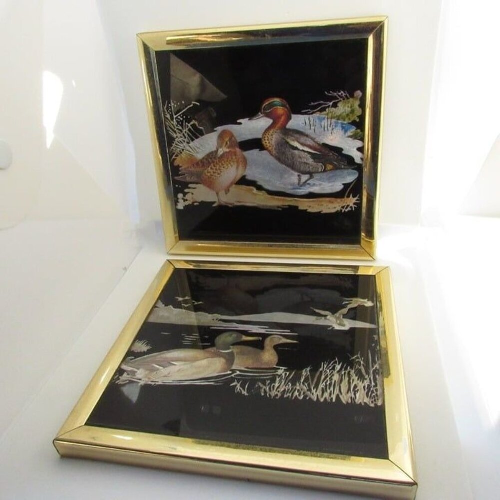 Vintage Pair Kafka Foiled Screened Etching Glass Art Ducks #1016 #1